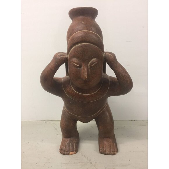 Vintage 1973 Ceramic Terracotta Mayan Figurine Male Carrying Water Basket Made I - Picture 1 of 10